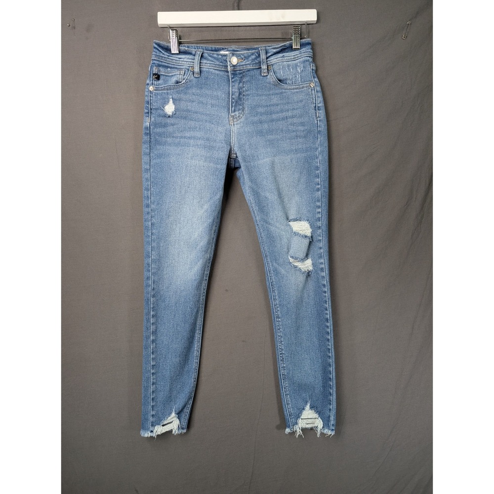 KanCan Womens Mid‎ Rise Skinny Jeans Distressed Raw Hem Light Wash Denim Size 26